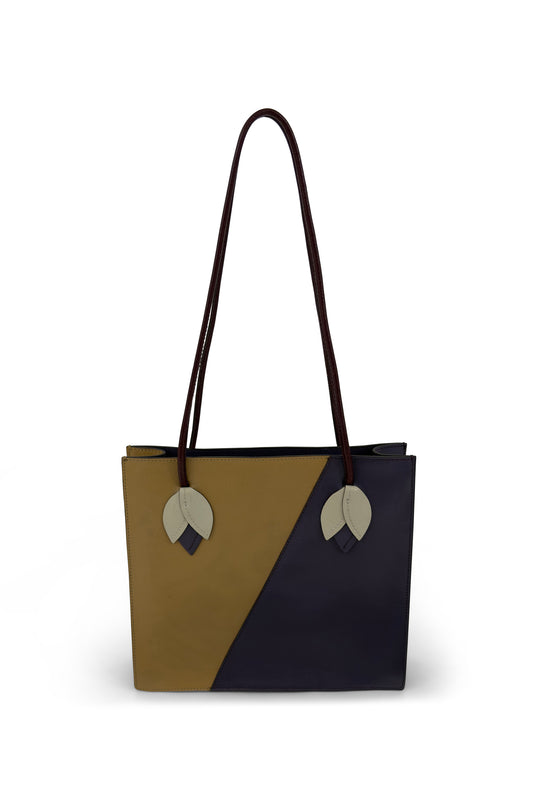 Miu Miu purple and tan leather flower mini tote from the 1990s.