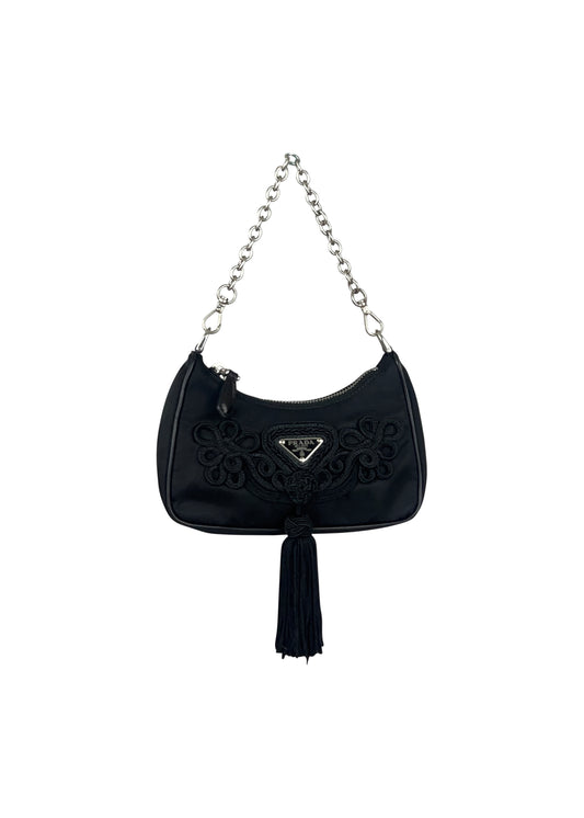 Black Nylon Passemaneria Trim Mini Hobo
