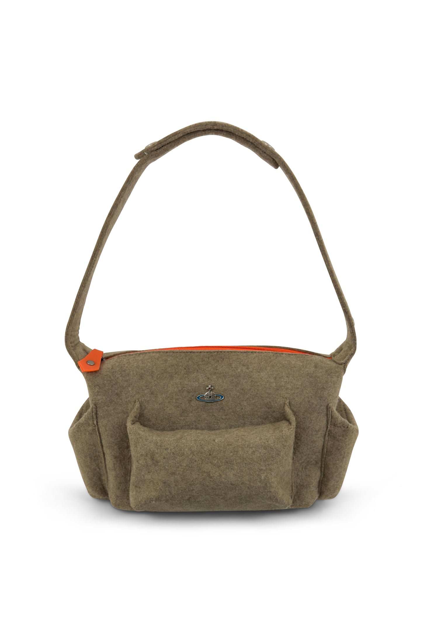 Beige felt Vivienne Westwood Orb shoulder bag with brown leather handle