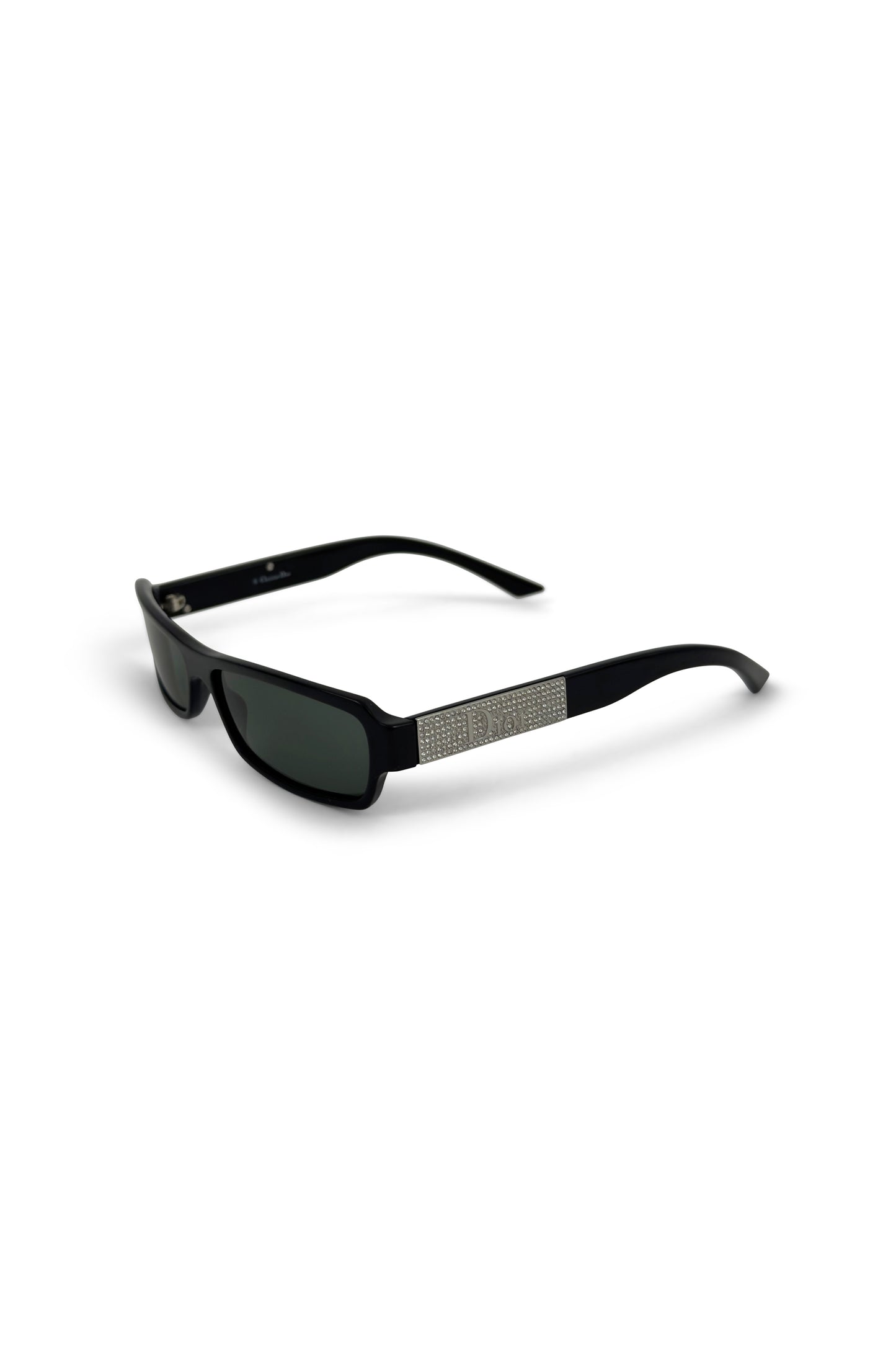 Black rectangular Dior sunglasses with strass-embellished arms angled on white background