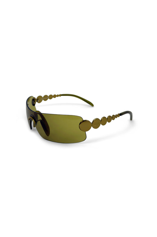 Green-gold Dior frameless sunglasses with circular disc arms from Spring 2004.
