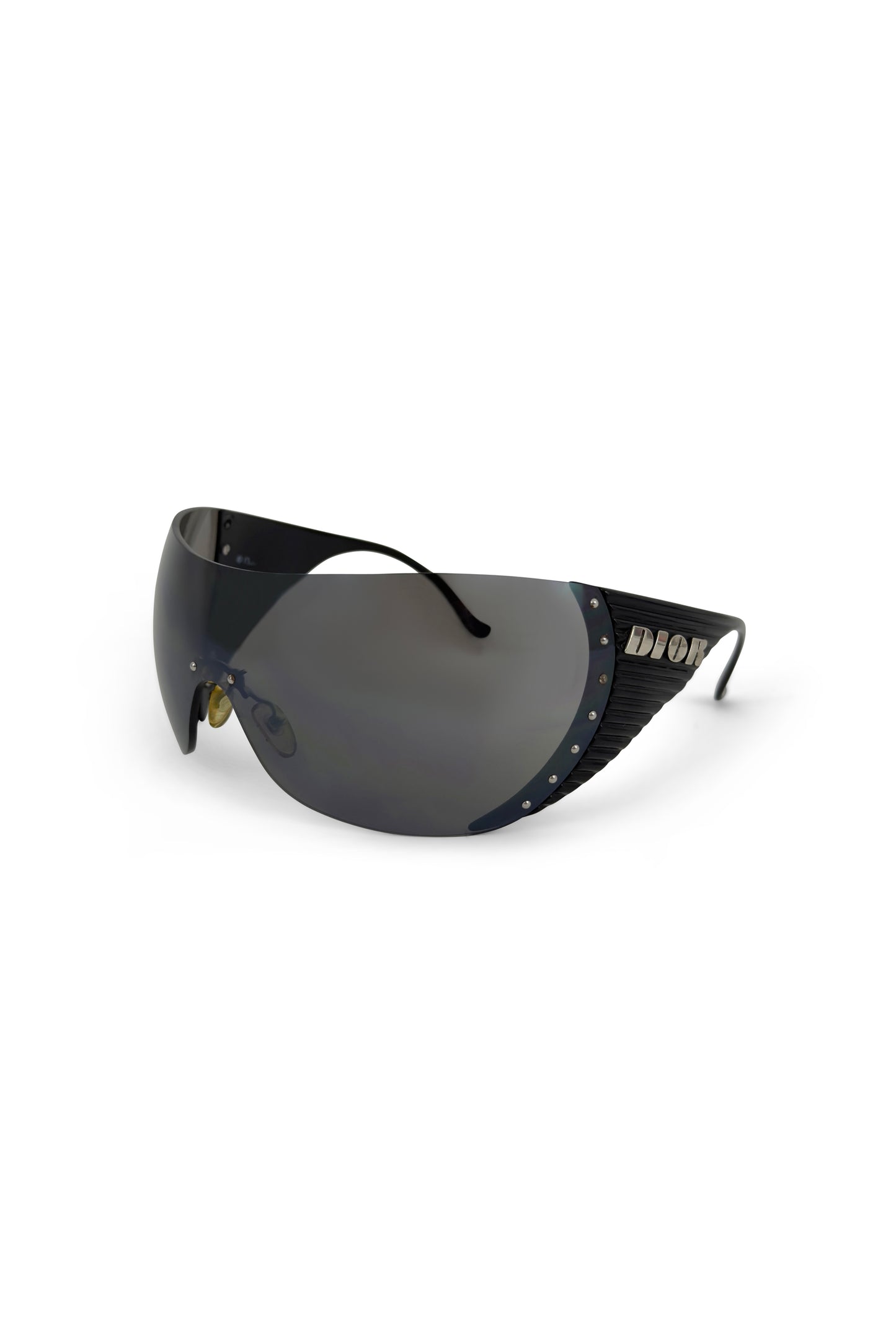 Black oversized Dior shield sunglasses with ribbed temples and metal stud accents.