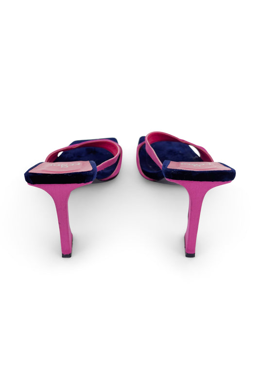 Pink Satin & Blue Velvet Heeled Mules