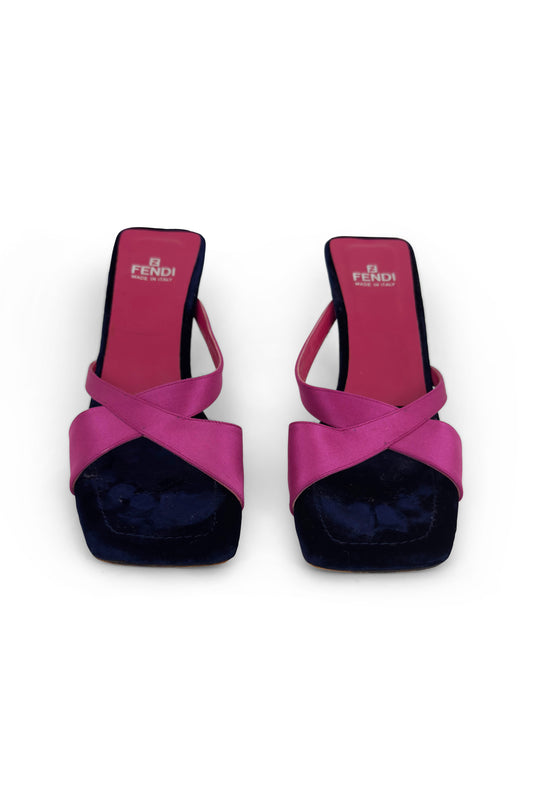Fendi pink satin and blue velvet heeled mules from the 2000s.