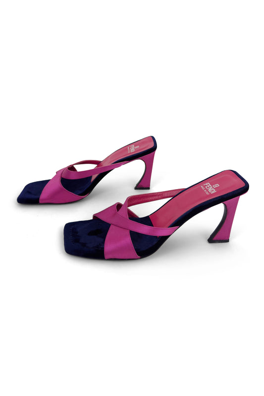 Pink Satin & Blue Velvet Heeled Mules