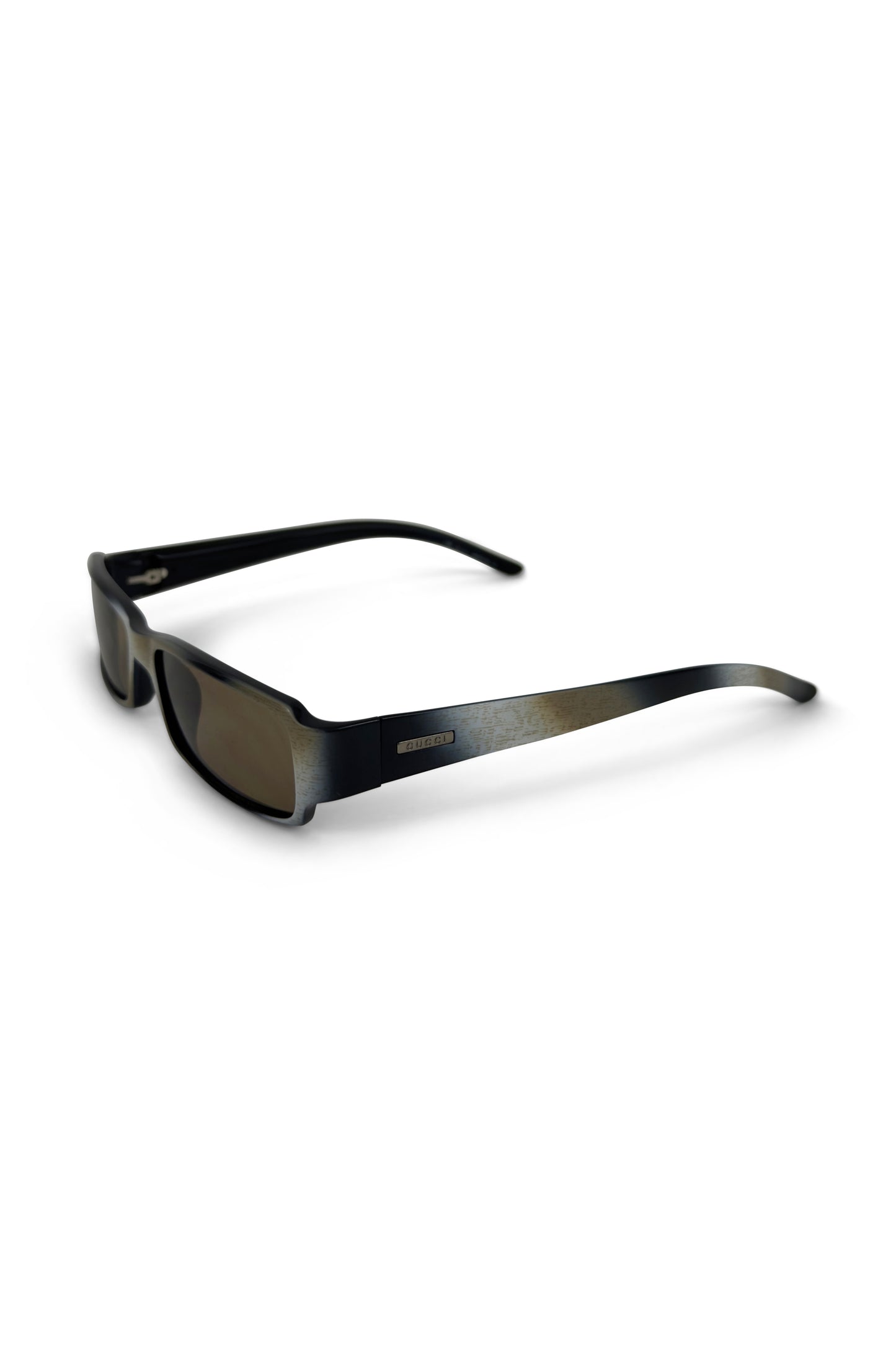 Black white tan gradient Gucci sunglasses with wide rectangular frame on white background