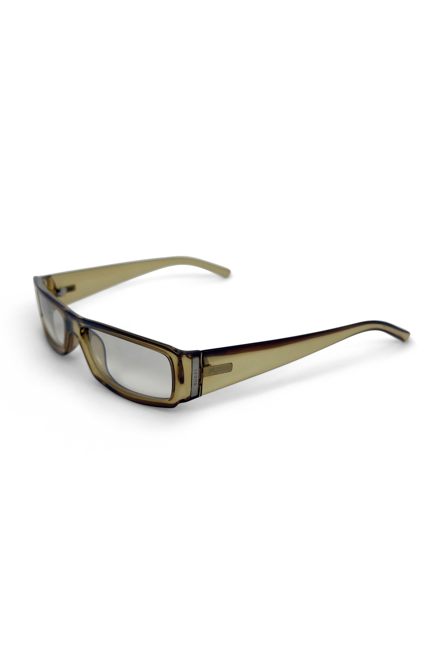Smoky translucent rectangular Gucci clear-frame eyeglasses angled on white background