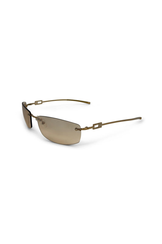 Brown frameless Gucci sunglasses with slim gold arms and G-link detail.