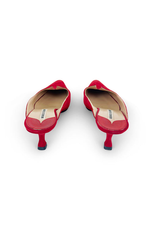 Red Suede Pointed Kitten Heel Mules
