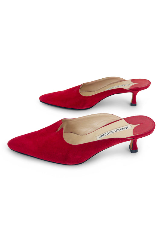 Red Suede Pointed Kitten Heel Mules