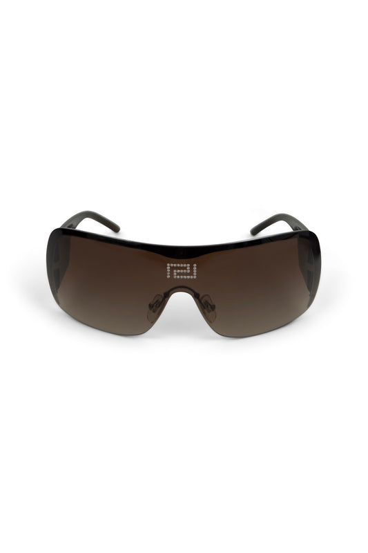 Brown Rhinestone Greek Key Frameless Shield Sunglasses
