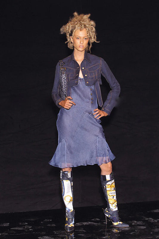 Blue Silk Chiffon Denim Print Bias-Cut Slip Dress
