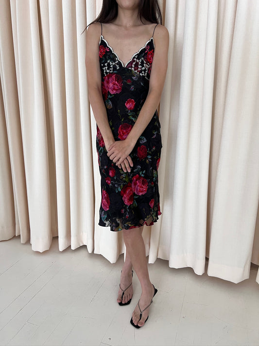 Black Rose Print Silk Camisole Dress