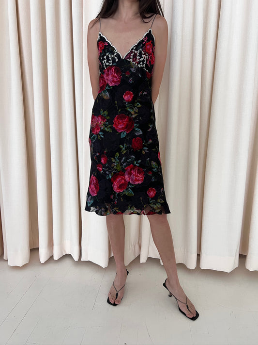 Black Rose Print Silk Camisole Dress