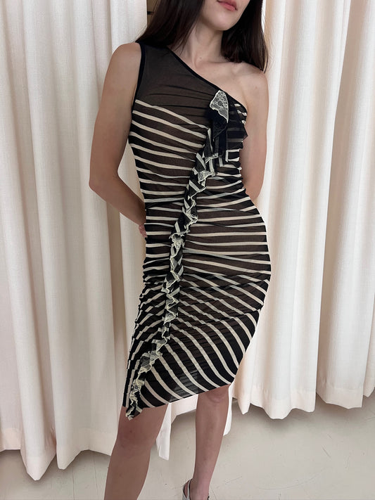 Navy & White Off-the-Shoulder Striped Ruffle Dress