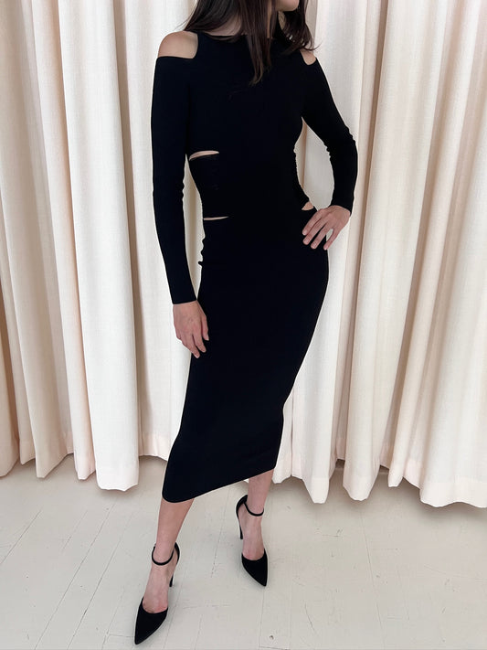 Black Knit Cutout Ribbed Midi Dress