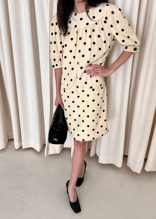 Cream Polka Dot Puff Sleeve Dress