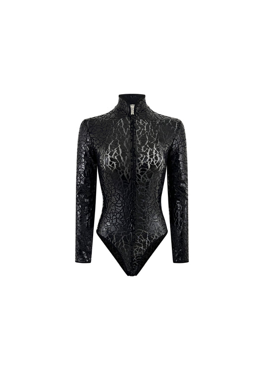 Black Crackle Texture Long Sleeve Bodysuit