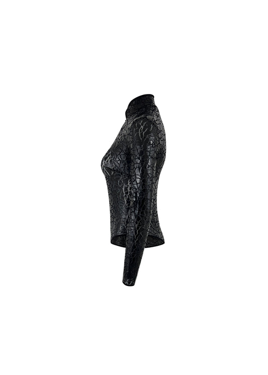 Black Crackle Texture Long Sleeve Bodysuit