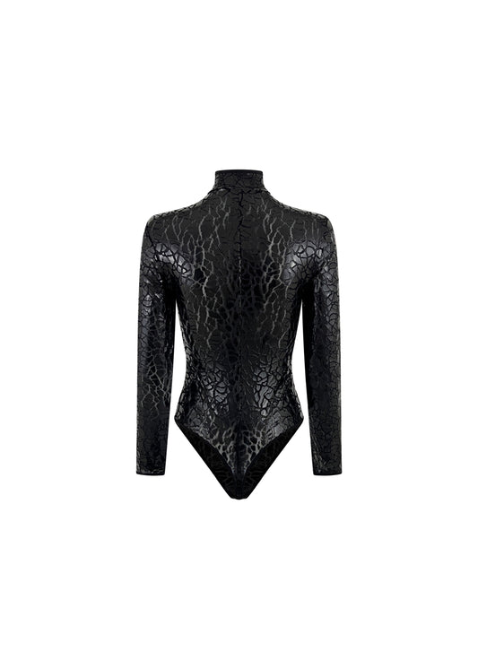 Black Crackle Texture Long Sleeve Bodysuit