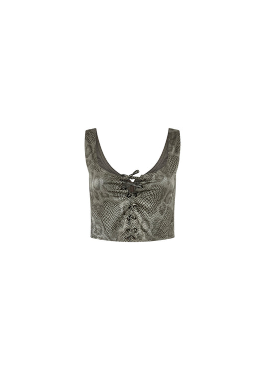 Silver Python Print Lace Up Top