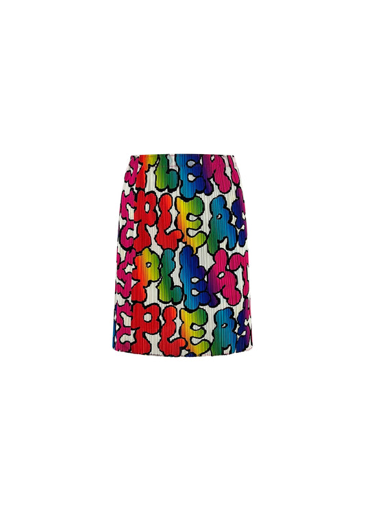 White & Rainbow Pleats Please Bubble Letters Mini Skirt