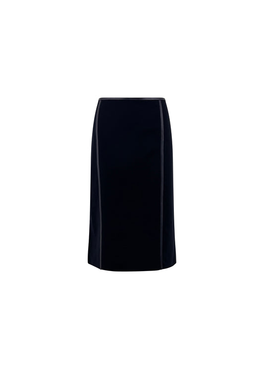 Black Wool Pencil Skirt with Leather Trim