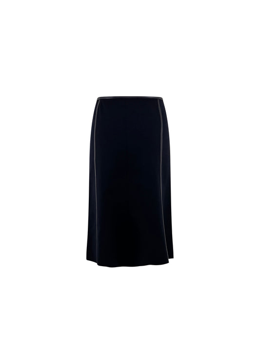 Black Wool Pencil Skirt with Leather Trim