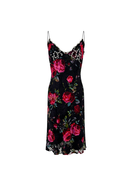 Black Rose Print Silk Camisole Dress