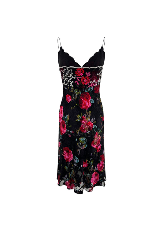 Black Rose Print Silk Camisole Dress