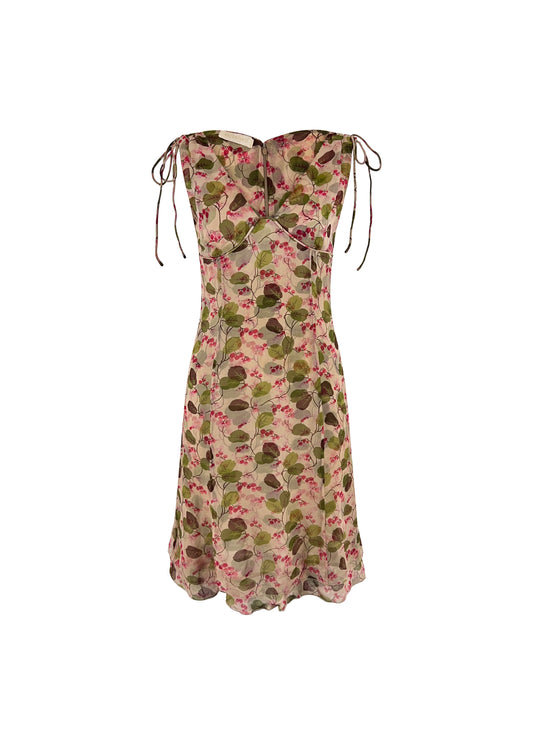 Beige & Pink Silk Lily of the Valley Print Dress