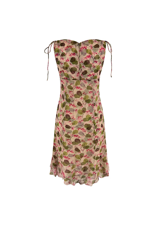 Beige & Pink Silk Lily of the Valley Print Dress