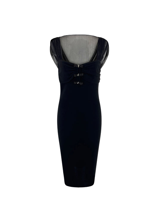 Black Mesh Crystal Bow Front Dress