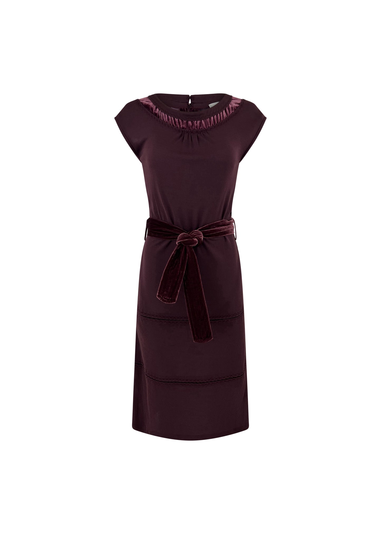 Burgundy Cap Sleeve Dress with Velvet Trim