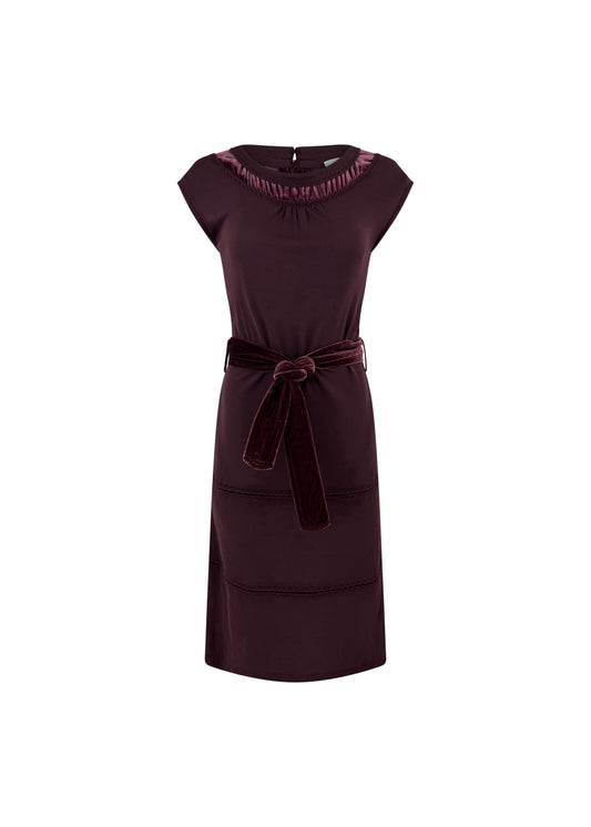 Burgundy Cap Sleeve Dress with Velvet Trim