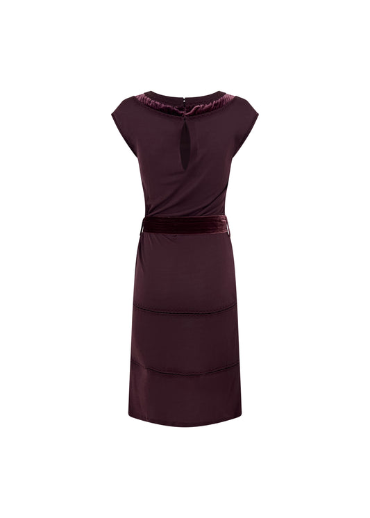 Burgundy Cap Sleeve Dress with Velvet Trim